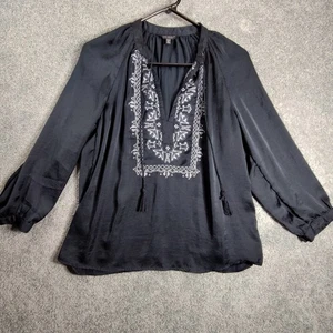 Lucky Brand tunica donna blusa boho ricamata manica lunga taglia XS nera casual - Foto 1 di 8