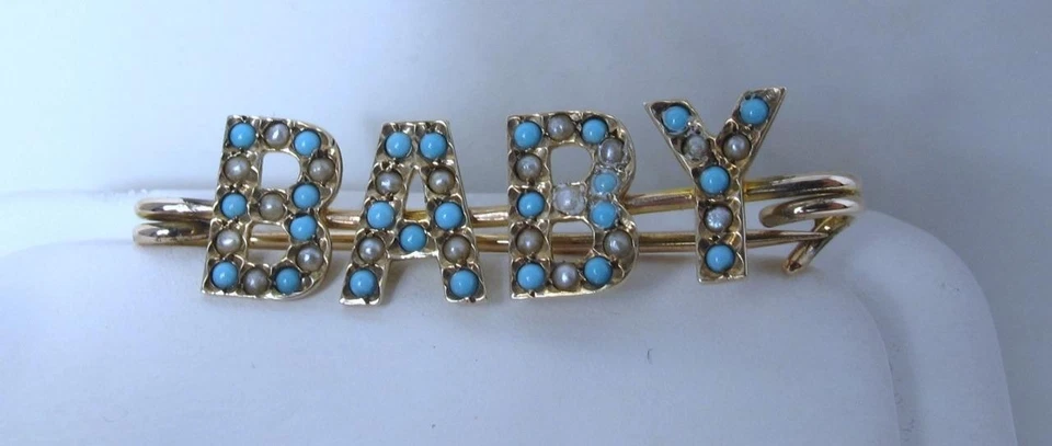 Turquoise Synthetic 1mm Seed Pearls 1mm 14K Yellow Gold Baby Brooch - Image 1 of 1
