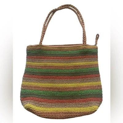 The Sak Belle Crochet Tote Striped Multicolor Boho Hippie Hobo Striped Knit Bag - Image 1 of 4