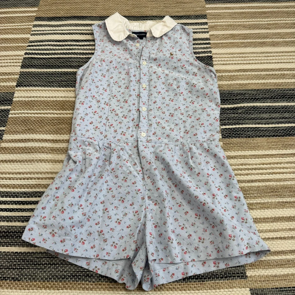Ralph Lauren Niñas Floral Sin Mangas Mameluco Pantalones Cortos Preppy Azul Claro Talla 16 Foto 1 de 4
