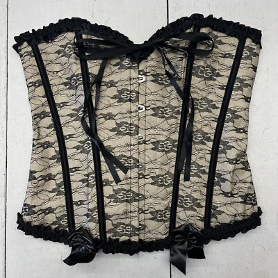Szivyshi Black Beige Floral Lace Corset Boned Overbust Lace Up Womens Size XL - Image 1 of 4