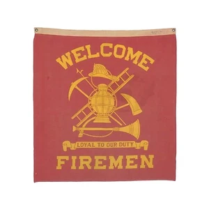Vintage Faded Cotton Fireman Welcome Banner Flag Old Cloth Fire Sign Firefighter - Picture 1 of 4