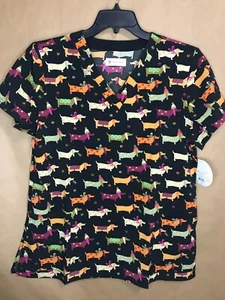 White Cross VNeck Scrub Top L Dachshund Teckle Toques 618TKT NWT Free Shipping - Picture 1 of 5