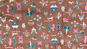 Remanente de tela vintage años 40 años 50 marrón rosa verde azulado estilizado temprano americano - Imagen 1 de 3