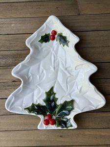 "Bandeja de plato de árbol de Navidad blanca vintage Lefton 6072 Holly Berry 8"" L x 7"" W" - Imagen 1 de 6
