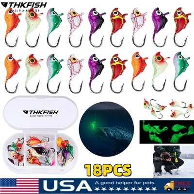THKFISH 18PCS Ice Fishing Jigs Kit Glow in The Dark Gear Lures Ice Jig Head with Box US