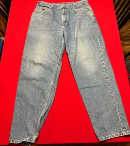 Vintage Tommy Hilfiger Jeans Mens 36x32 Blue Freedom Big Flag Patch Logo - Picture 1 of 3