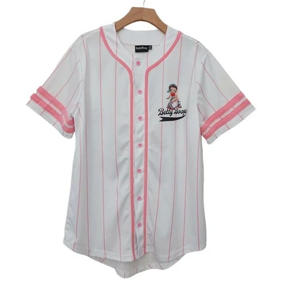 Betty Boop 棒球球衣女式中号粉色白色纽扣复古新奇 — 第 1/4 张图片