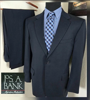Jos A Bank 2 Pc SUIT 42S ~ 35x30 Navy Blue 2 Button Jacket Pleat Pants Signature - Image 1 of 4