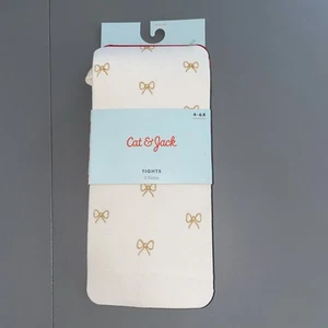 Cat and Jack Girls Tights 2 Pairs 4-6x Red/Ivory with Gold Bows - Picture 1 of 2