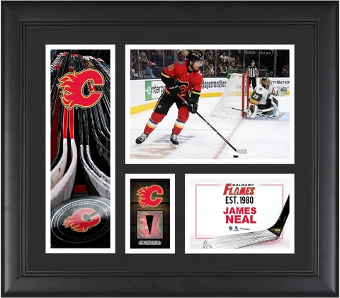 James Neal Calgary Flames Frmd 15" x 17" Player Collage & Piece of GU Puck Cover
