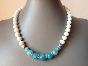 ❤🧡💛COLLANA DONNA PIETRE DURE + ORECCHINI AGATA BIANCA E PIETRE AZZURRE. PARURE - Foto 1 di 7