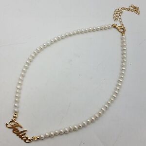 925 Gold Tone Silver & Pearl Beaded Necklace w/ Script Name Station Pendant