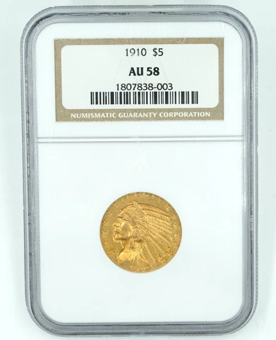 1910 NGC AU58 $5 Gold Indian Great Eye Appeal Cover
