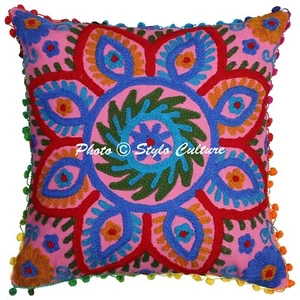 Indian Cotton Throw Pillow Pink 43x43 cm Suzani Floral Cushion Cover Throw - Picture 1 of 4