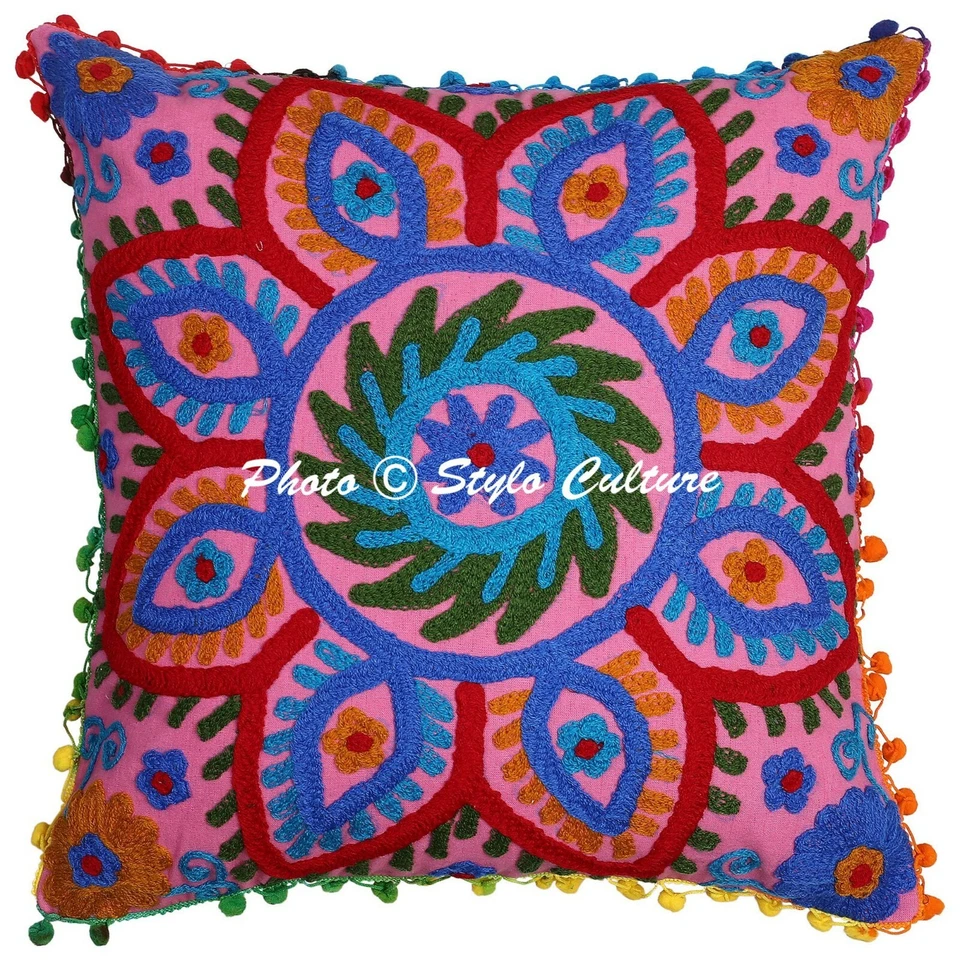 Indian Cotton Throw Pillow Pink 43x43 cm Suzani Floral Cushion Cover Throw - Image 1 of 4