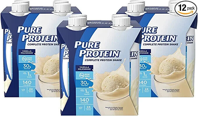 Pure Protein Vanilla Protein Shake, 30g Complete Protein 11oz Bottles, 12 Pack