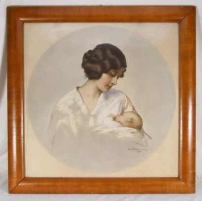 MARIE PISCHON ~ Gottesgabe ~ Lithographie 1914 Mutter Kind Baby Geburtsgeschenk - Bild 1 von 4