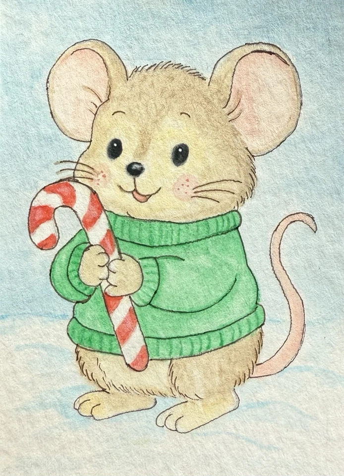 Конфеты трость мыши ACEO оригинальный акрил картина Рождество праздник искусства зима - Изображение 1 из 1