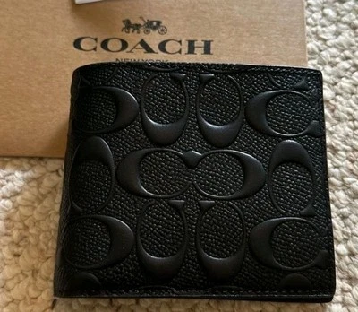 Coach Raised Black Canvas & Leather Wallet Bifold Embossed Leather Jacquard C - Image 1 of 4