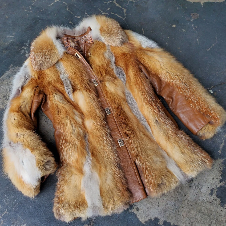 Винтажный 1970-х красный лисий мех и кожаная отделка пальто Custom меховщик WorkSize S / M - Изображение 1 из 4