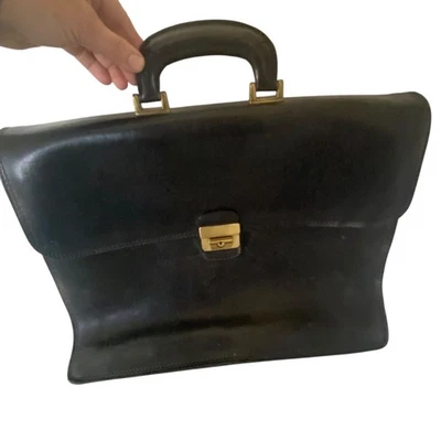 De Martino Sorrento Black Leather Laptop School Briefcase Brass Hardware Italy - Image 1 of 4