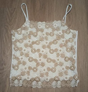 Vtg 70s Gold Metallic Sparkle Crochet Embroidered Cami Top festive holiday XS - Picture 1 of 8
