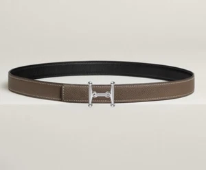 NEW Hermes Mors H Buckle 13mm Reversible Leather Belt - BLACK & ETOUPE AUTHENTIC - Picture 1 of 12