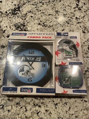 Vintage Panthers NFL Spartus Combo Pk.  Wall Clock + Alarm Clock + Nightlight Cover