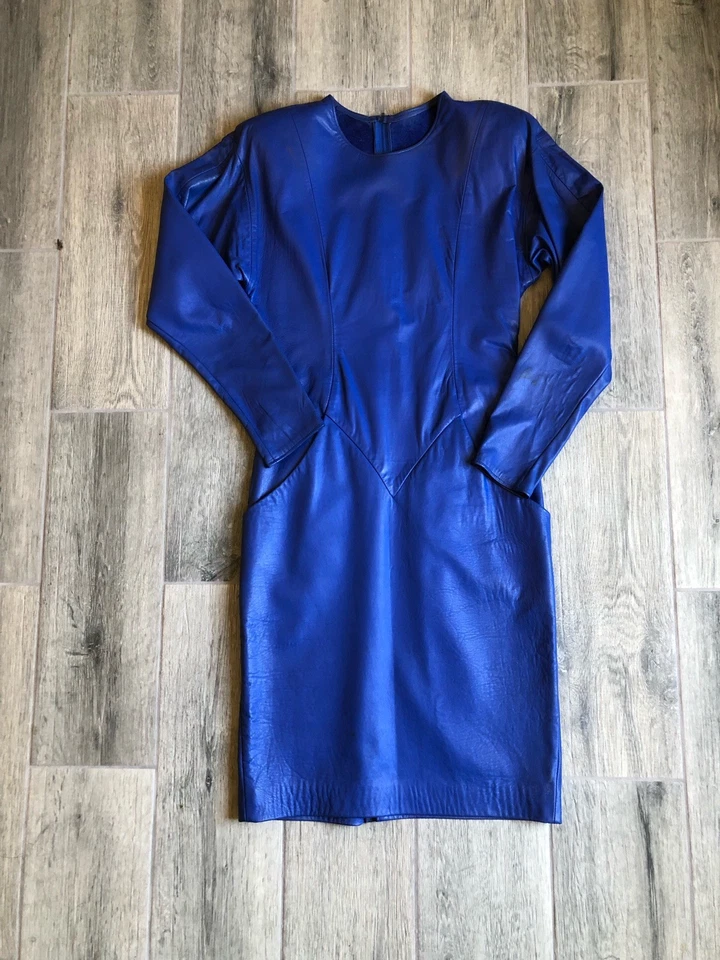 Vestido vintage de cuero azul cobalto años 80 Foto 1 de 4