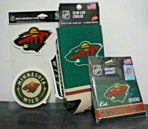 Lot of 3, Minnesota Wild Fan 3 Pack Decals, Slim Can Koozie & Magnet NEW Cover