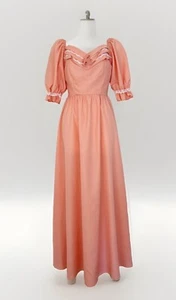 Vintage 70er Jahre Maxi langes Kleid XS Pfirsich Puffärmel Spitze Rosette - Bild 1 von 8