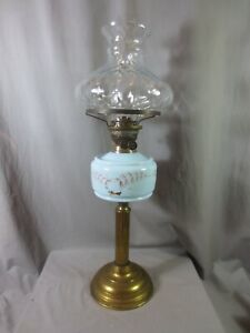 ANTIQUE  DUPLEX OIL LAMP AND  PATTERNED GLASS OIL LAMP SHADE