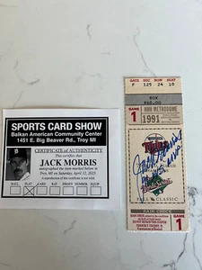 JACK MORRIS SIGNED 1991 WORLD SERIES GAME 1 TICKET STUB BECKETT WITNESS - Picture 1 of 3