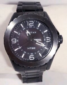Men Titan Htse Solar Watch 1572kdb Black Case Bracelet Steel Band Day Date Large