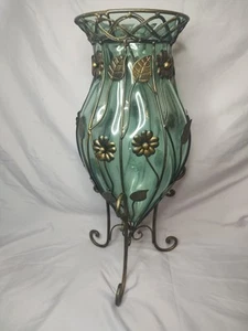 Vintage Large Bronze?? Metal Caged Green Glass Floor Vase Umbrella Stand 20" T - Picture 1 of 9
