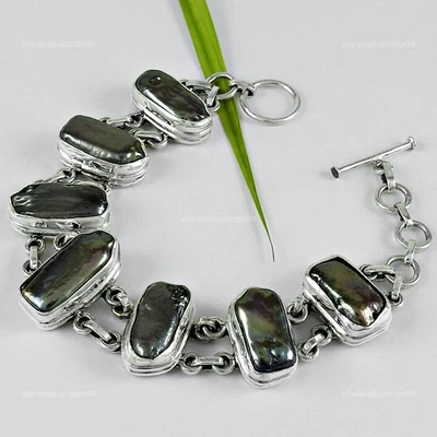 925 Sterling Silver Biwa Pearl Gemstone Chain Halloween Gift Bracelet Jewelry - Image 1 of 4