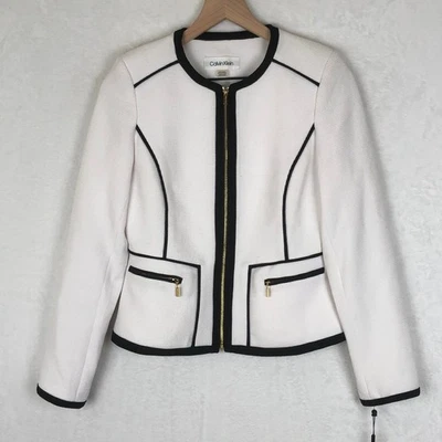 NWT Calvin Klein White Black Trim Zip Front Career Blazer Jacket Petite 6P - Image 1 of 4