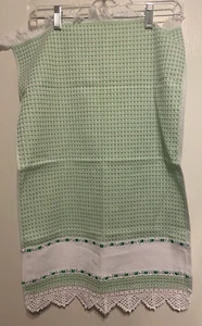 Handtuch Vintage 70er Jahre grün-weiß Korbgeflecht, weiße Spitzenborte Neu ohne Etikett - Bild 1 von 3
