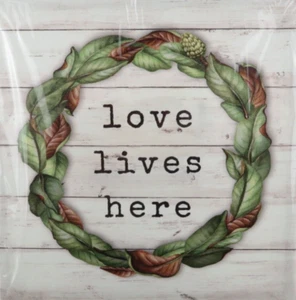 Stretched Canvas Wall Art - Love Lives Here- Green Leaf Wreath - 9" x 9" - Picture 1 of 2