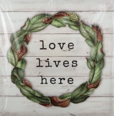 Stretched Canvas Wall Art - Love Lives Here- Green Leaf Wreath -  9" x 9" - Image 1 of 2