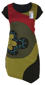 Mujer Dobladillo Asimétrico Verano Manga Corta Bohemio Patchwork Floral Mini De - Imagen 1 de 2