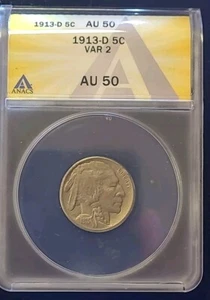 1913-D  ANACS AU 50 VAR 2  Buffalo Nickel, Indian Nickel, 5 Five Cents - Picture 1 of 6