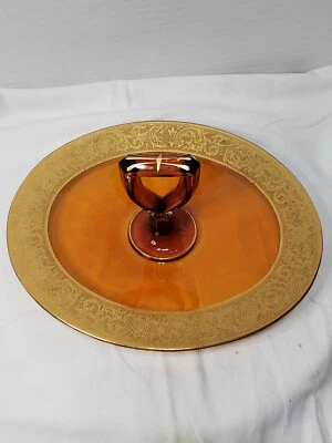 Vintage Amber Depression Glass Oval Sandwich Dessert Tray With Center Handle - image 1 of 4