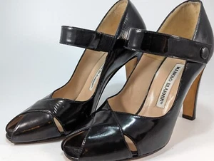 Manolo Blahnik Sz 37 US 6.5 Black Leather Peep Toe with Strap High Heels 3.75" - Picture 1 of 24