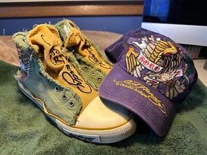 Vintage Ed Hardy Laceless Chucks + Christian Audigier Hat - Distressed Style Art - Picture 1 of 12