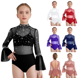 Kids Girls Leotard Sheer Bodysuit Dance Unitard Sparkly Rompers Modern Biketard - Foto 1 di 55