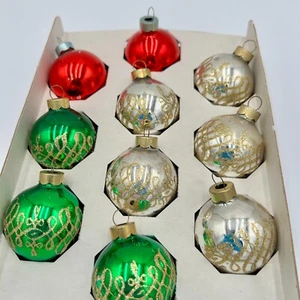 Pyramid Glass Ball Ornaments with Stencil Glitter in Box Made In USA Vtg 8+2 Red - Picture 1 of 7