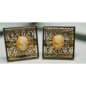 Vintage Lady Cameo Filagree Gold Tone Cufflinks - Picture 1 of 4