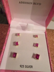 ADDISON BLVD, earrings, 3 shades of pink, 3 sizes, rectangle CZ, studs, BNbox - Picture 1 of 9